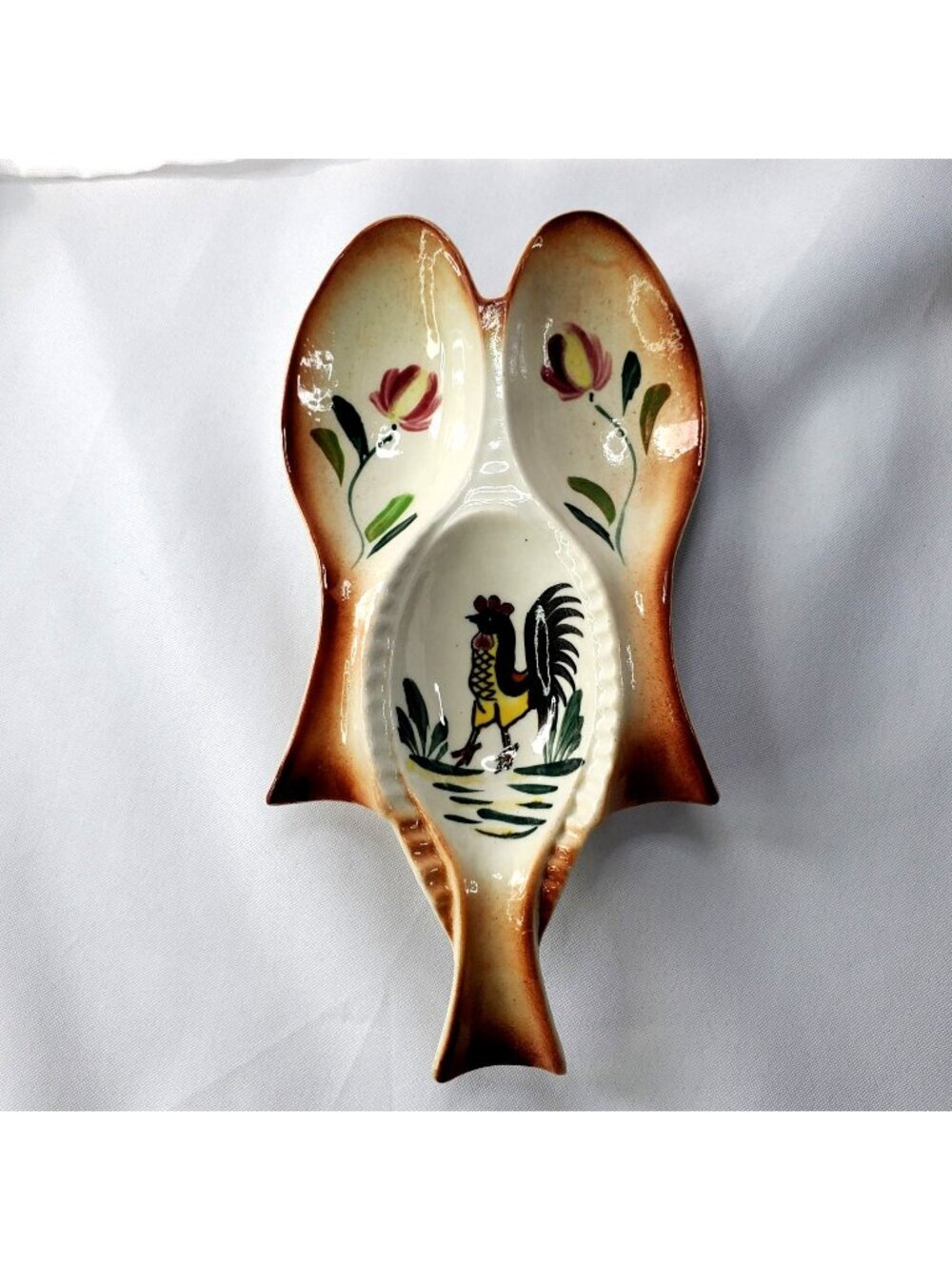 Vintage Hand Painted Ceramic Rooster Chicken Triple Spoon Rest Kitchen Cooking